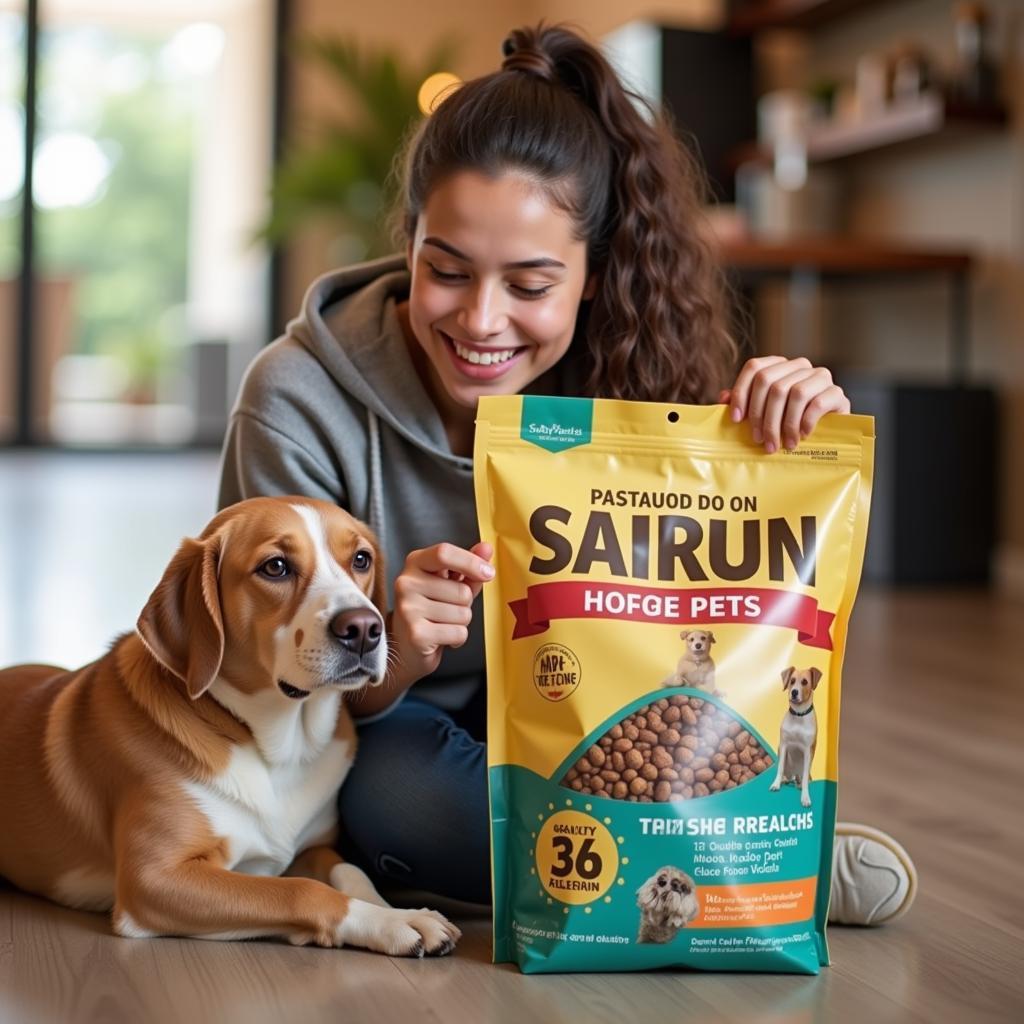 A pet owner smiles while browsing discounted pet food.