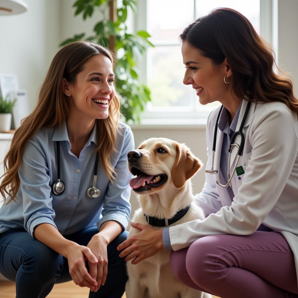 Pet Owner Smiling While Talking to Veterinarian