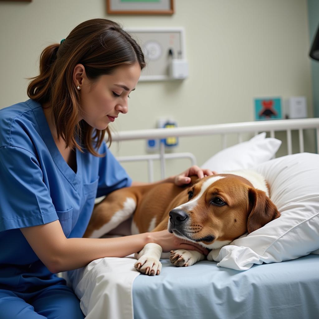 A Pet Owner Comforing their Hospitalized Dog