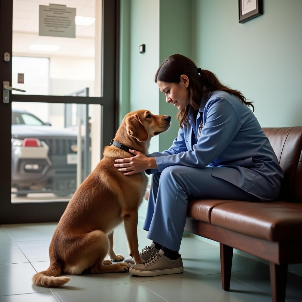 Anxious Pet Owner Comforting Their Dog in a Veterinary Hospital Waiting Room