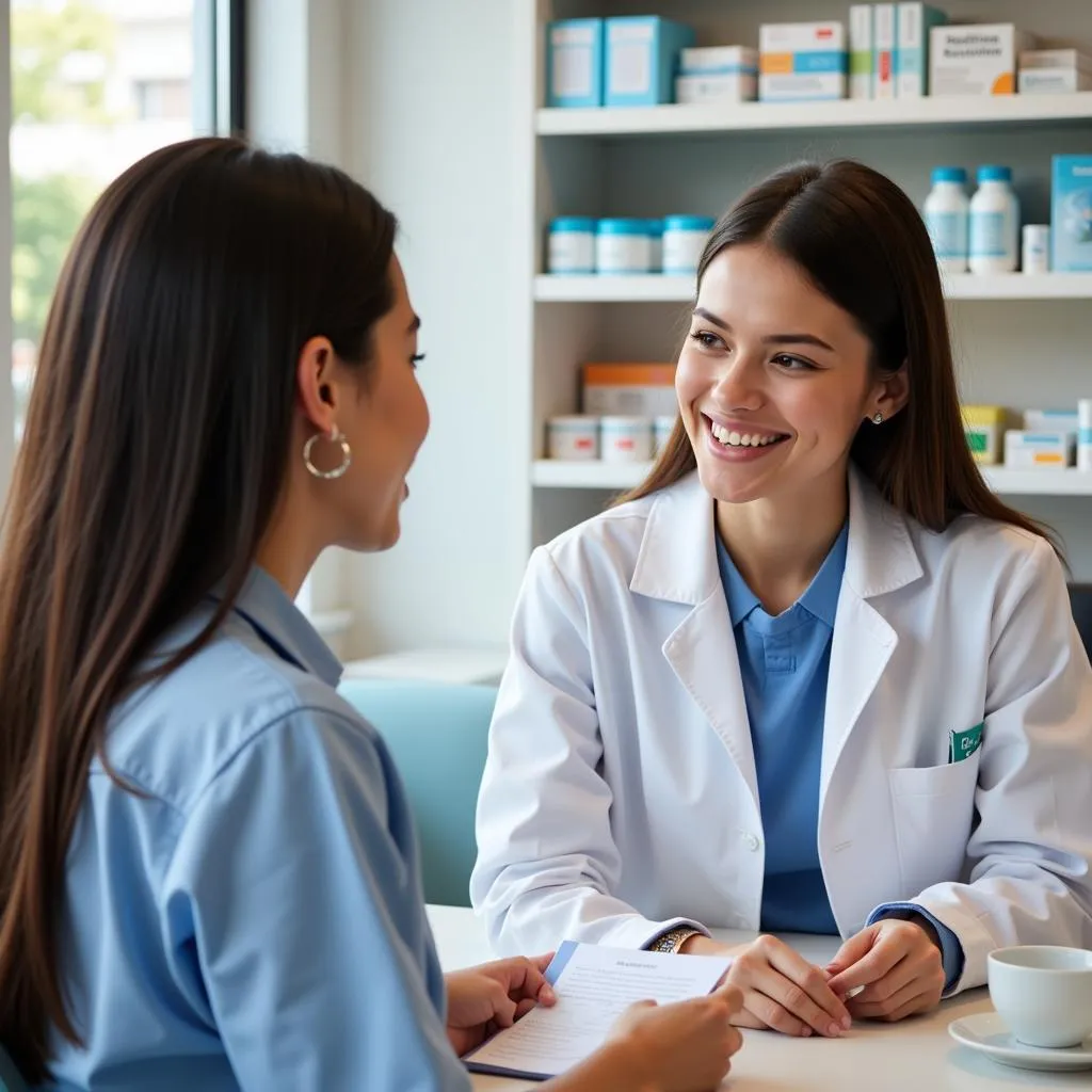 Friendly pharmacist assisting a patient with their prescription