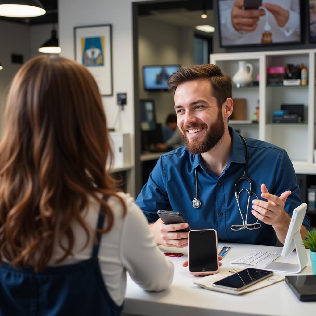 Customer consults with technician about phone repair