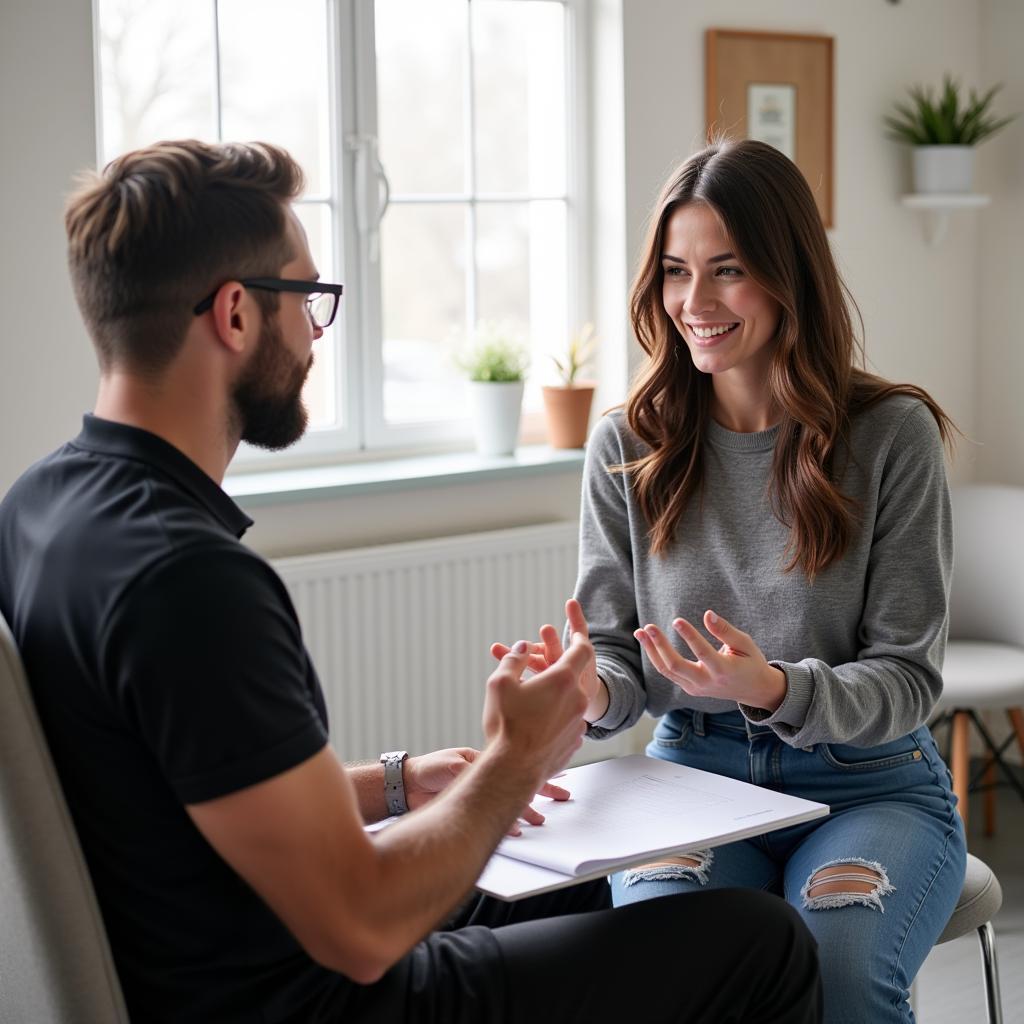 Physical therapist explaining a treatment plan to a patient