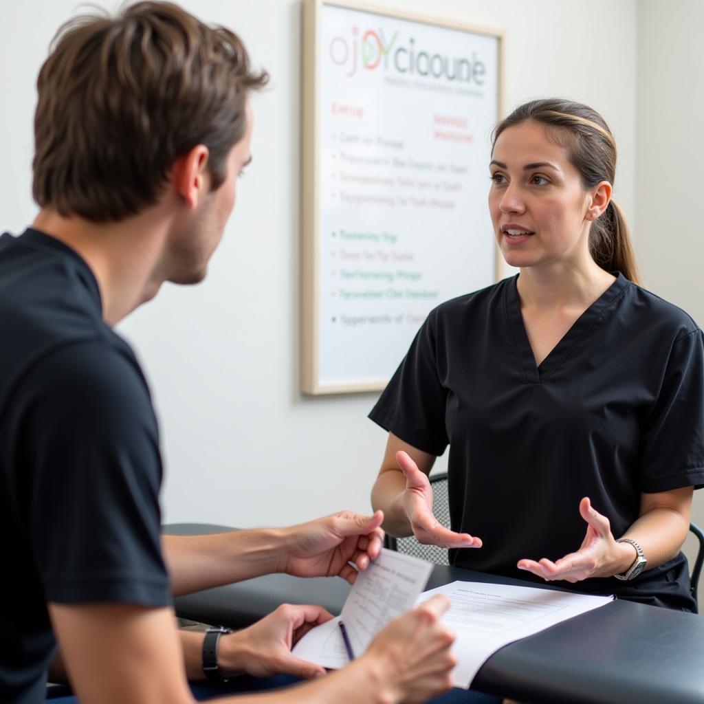 Physical therapist explaining treatment plan to patient