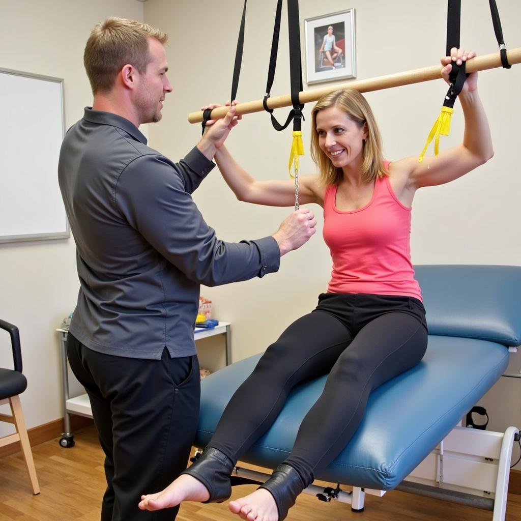 Physical Therapist Guiding Patient with Trapeze Exercises