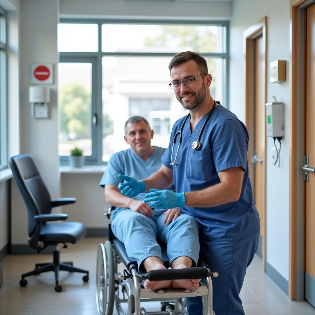 Physical therapist guiding a patient through rehabilitation exercises