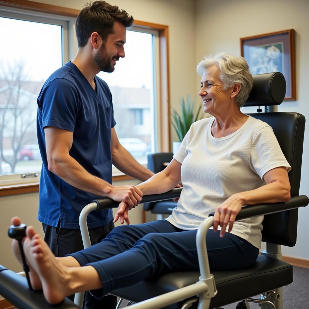 A therapist guiding a senior patient during a physical therapy session