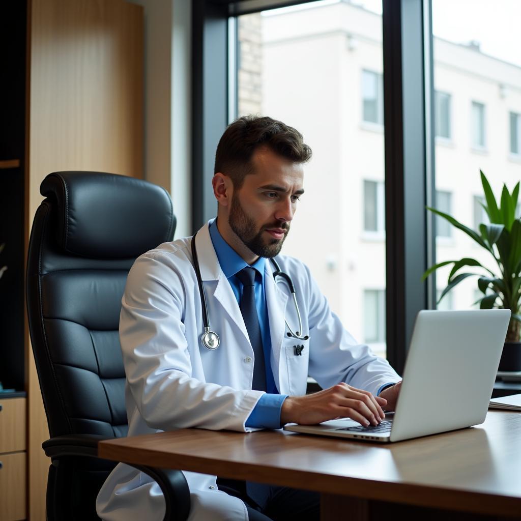 Doctor researching job openings on a laptop in a modern office