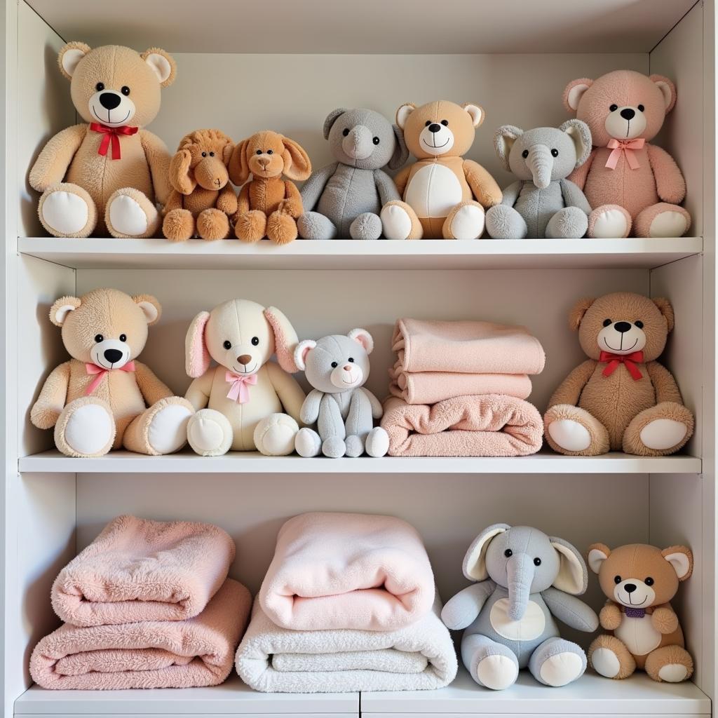 A variety of plush toys and cozy blankets arranged on a shelf in a hospital gift shop