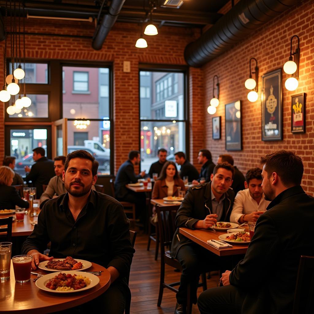 Bustling restaurant interior in Portland with diners enjoying meals and drinks