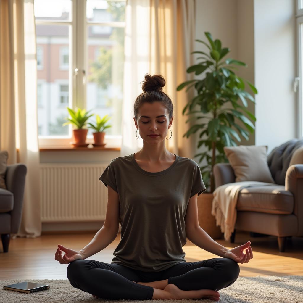 Woman practicing meditation at home