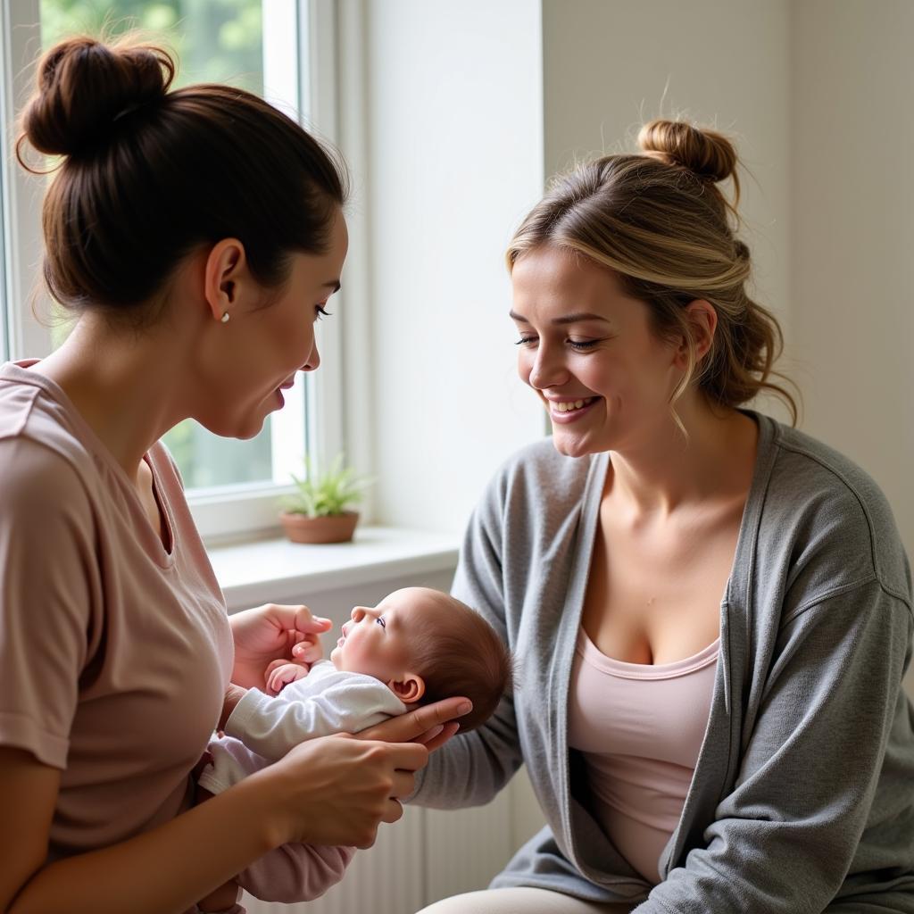 Postpartum doula assisting new mother