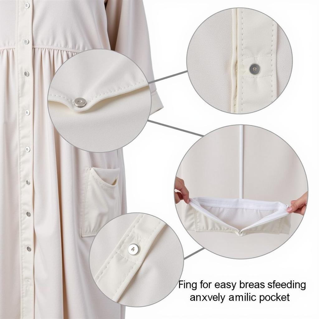 Various features of a postpartum hospital gown: snaps for breastfeeding, pockets, and soft material