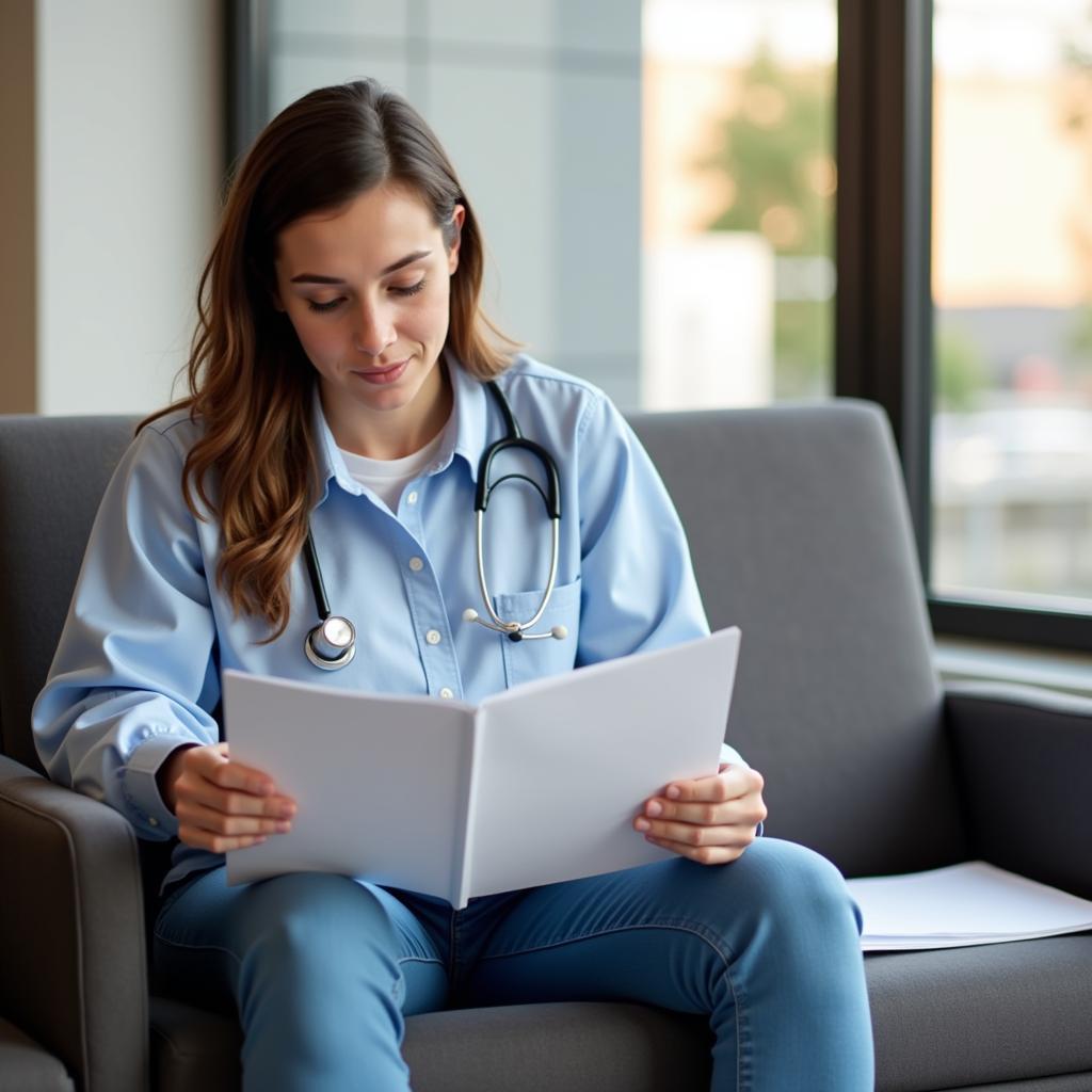 Patient reviewing lab paperwork in a waiting room