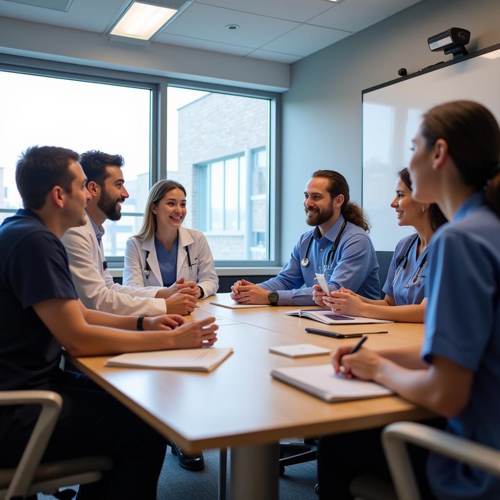 A team of healthcare professionals engaged in a discussion during a meeting at Princess Margaret Hospital