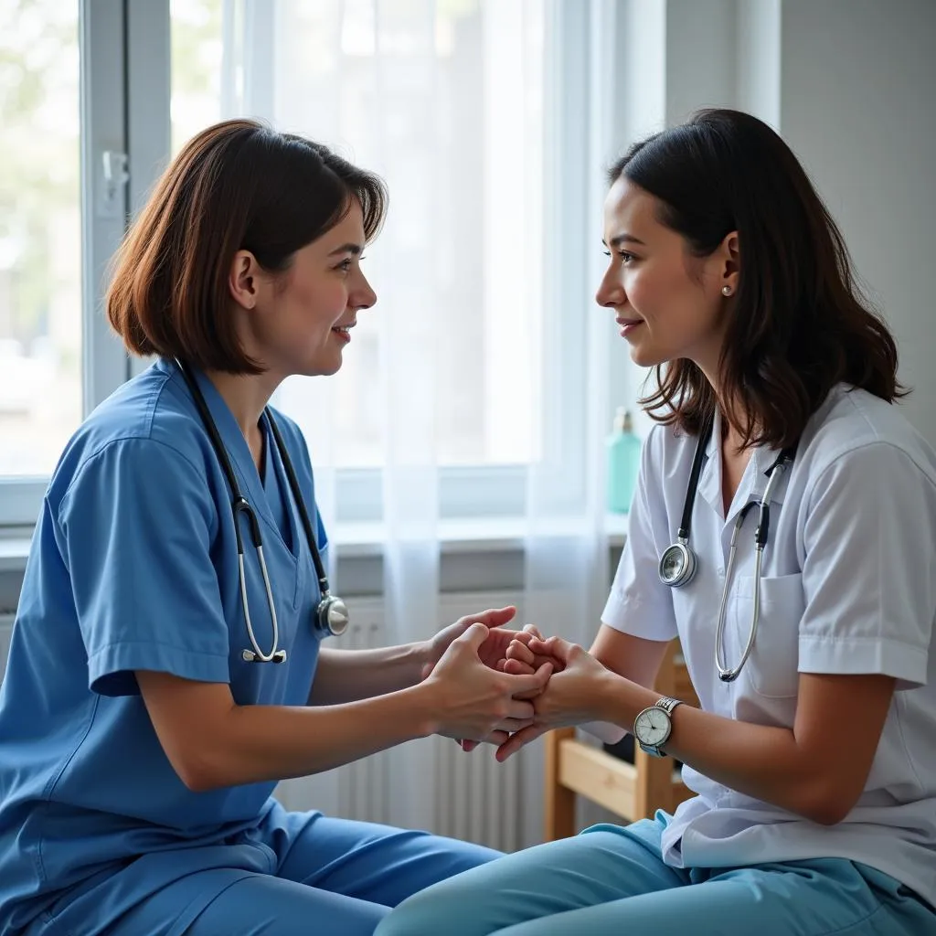 A psychiatric nurse comforting a patient.