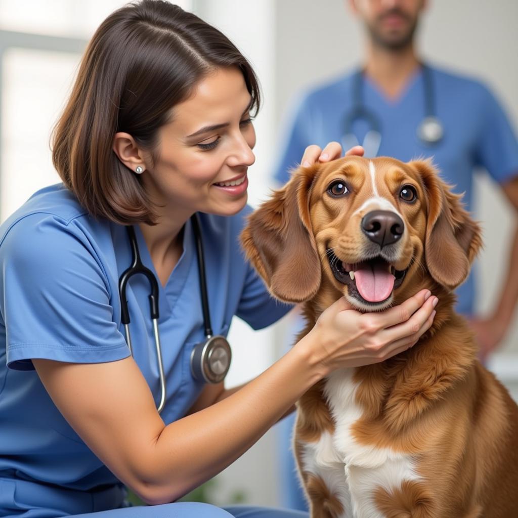 Experienced veterinarian conducting a thorough examination on a happy dog