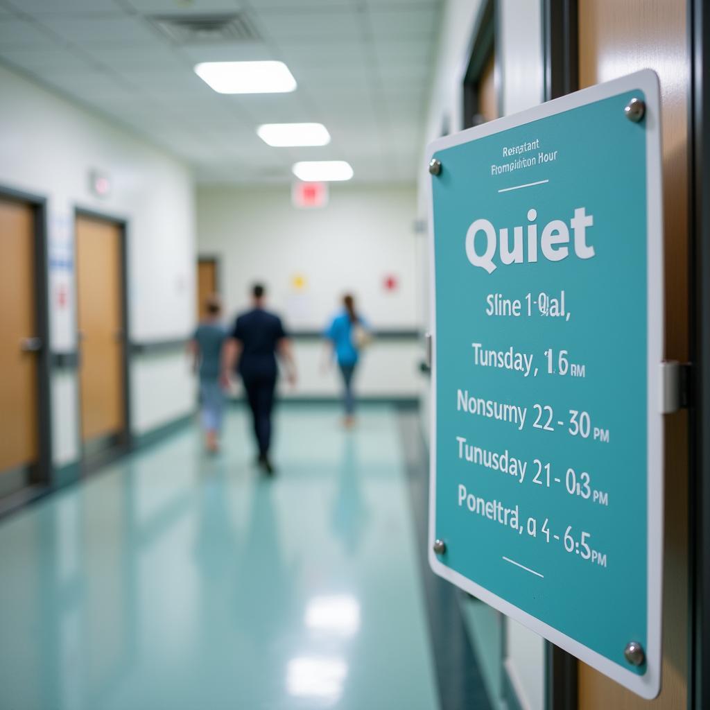 Image of a sign indicating quiet time in a hospital hallway.