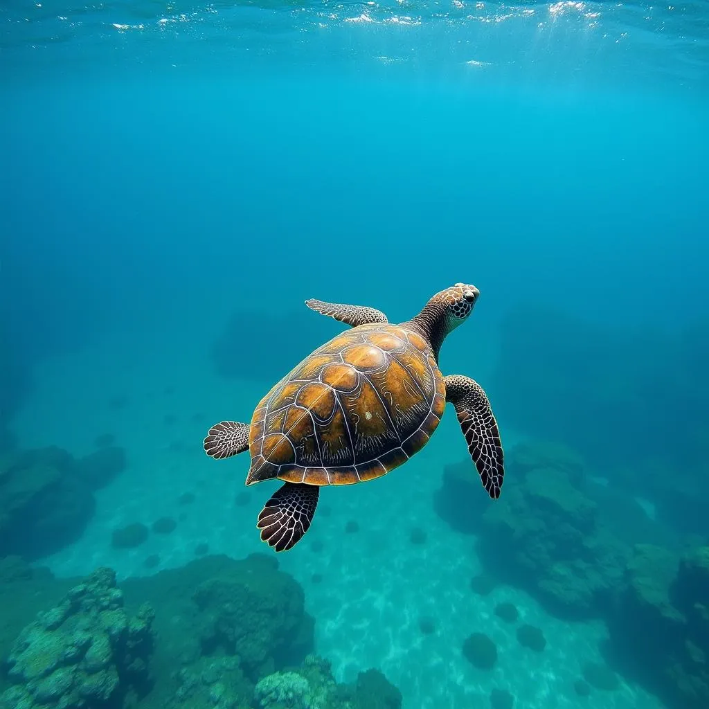 A healthy sea turtle swims freely in the open ocean following a successful rehabilitation