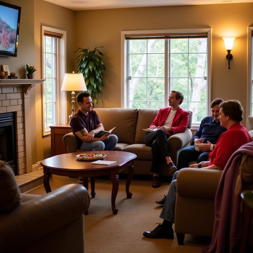 Guests relaxing in the beautifully decorated common area of Hospitality House