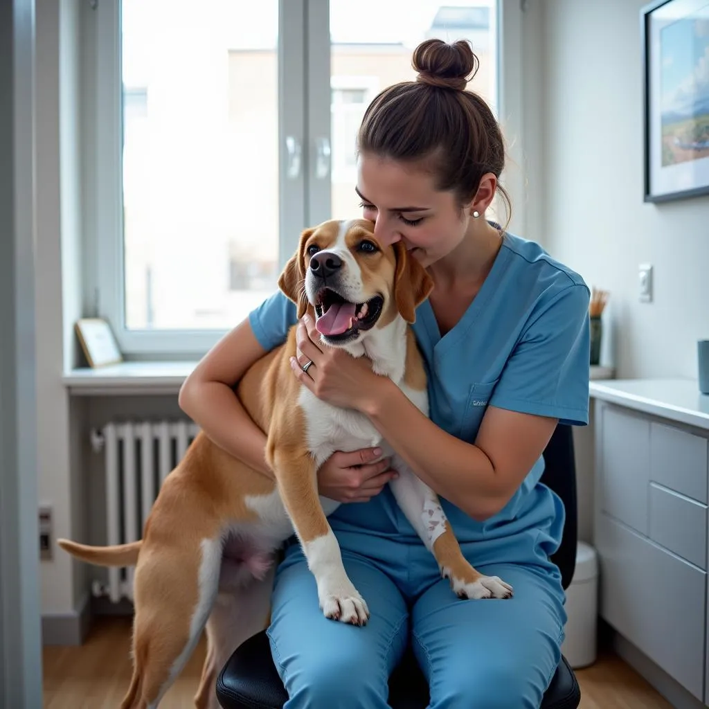 Relieved pet owner embracing their recovering dog