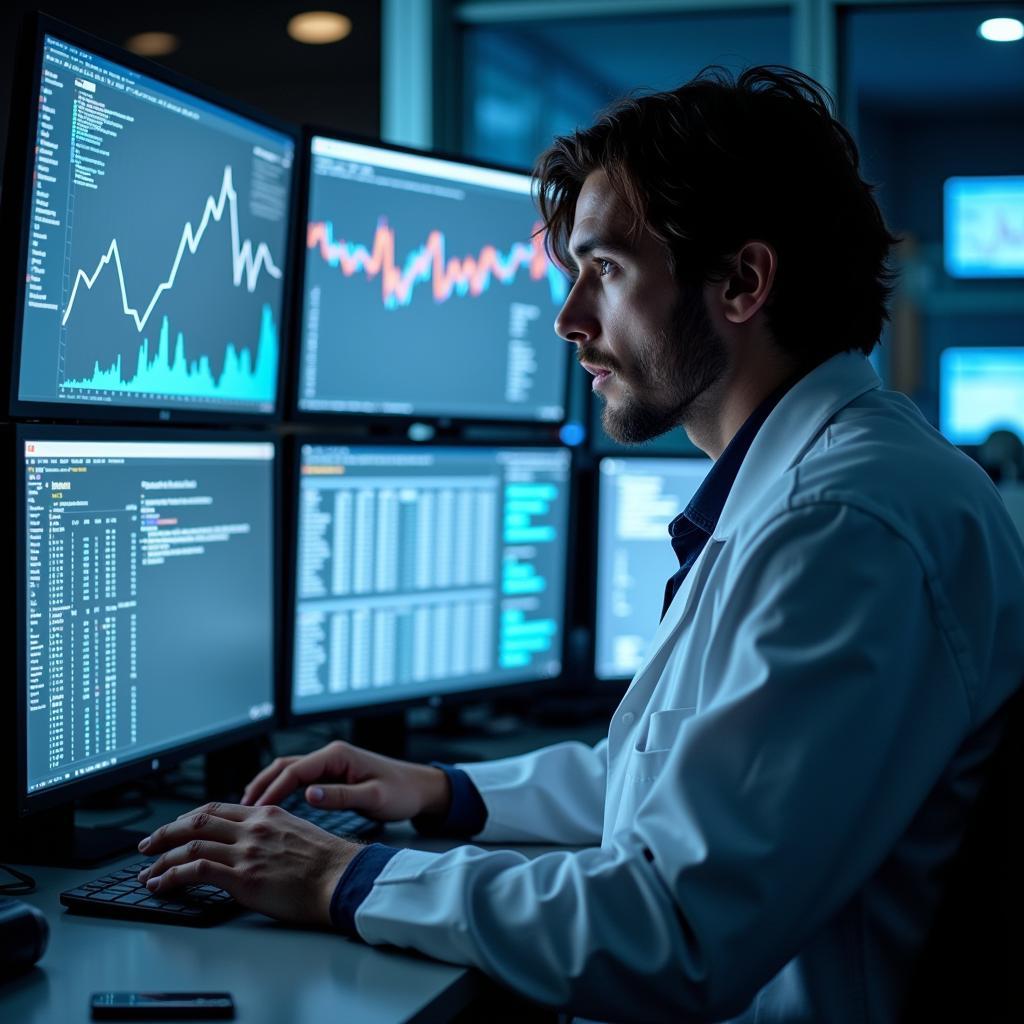 Research scientist reviewing clinical trial data on a computer