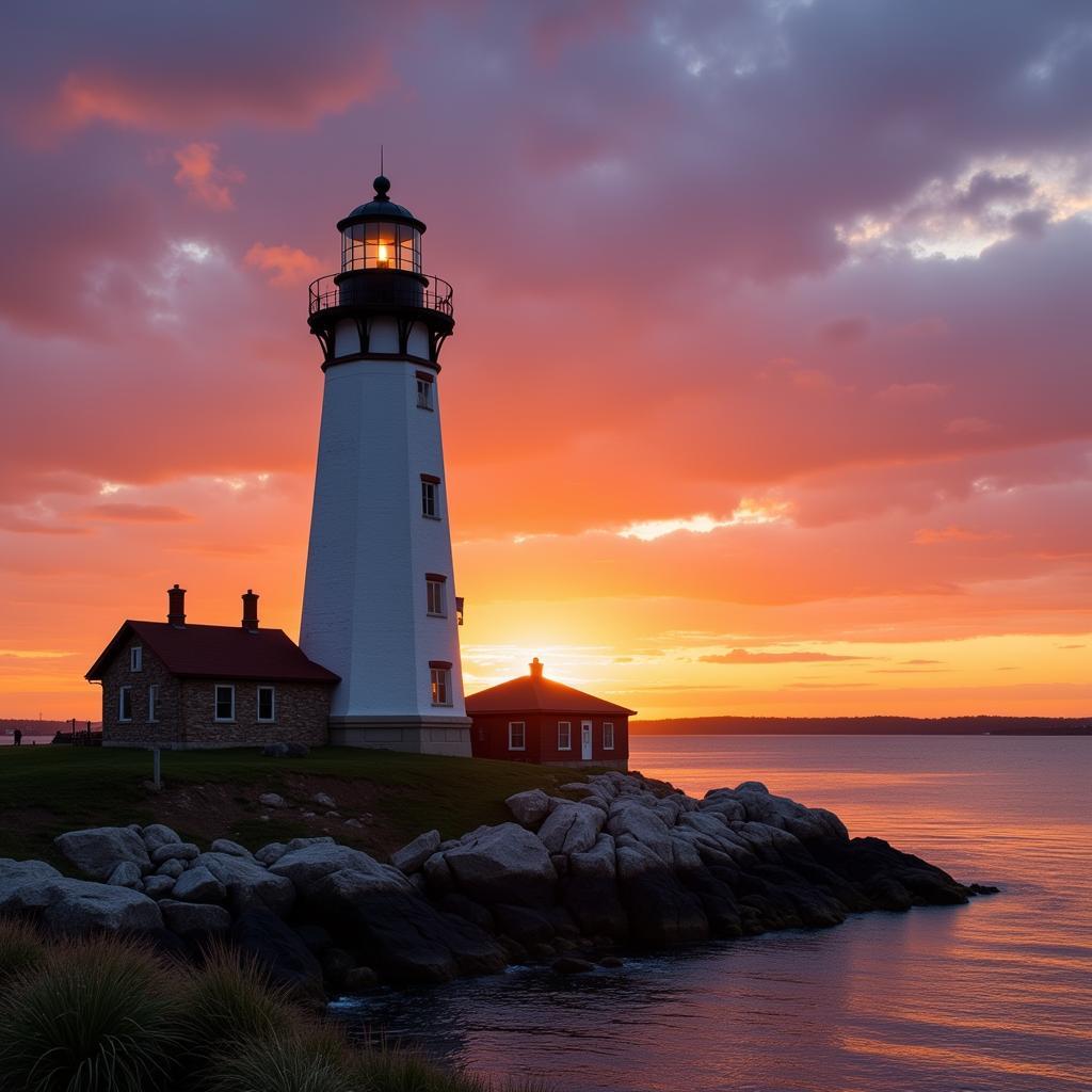 Scenic view of Rhode Island lighthouse at sunset