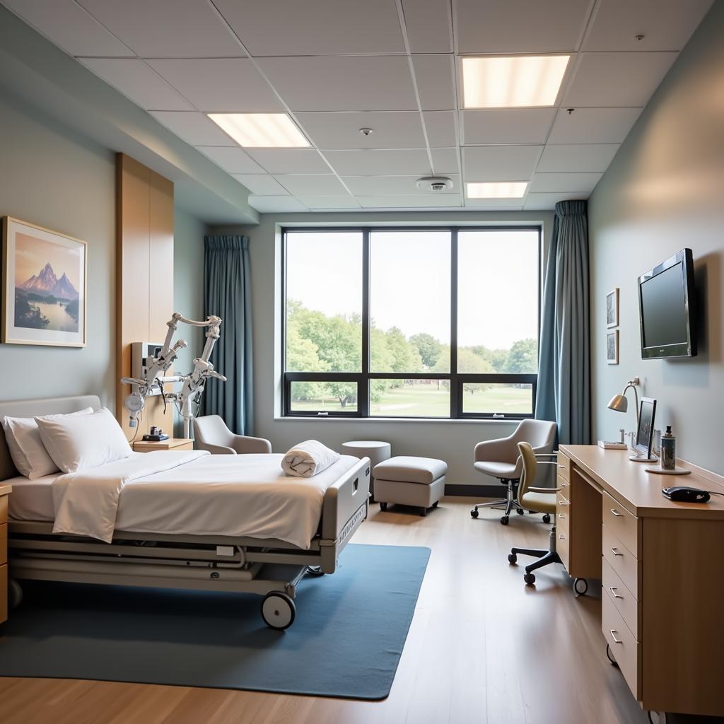 Modern private patient room in Sentara Norfolk General Hospital's River Pavilion