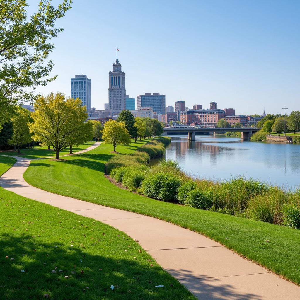 Scenic view of the Scioto River and downtown Columbus skyline with attractions near Riverside Hospital.