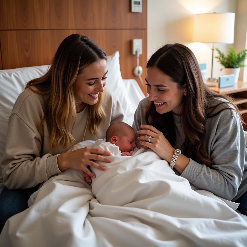 Joyful parents cradling their newborn baby