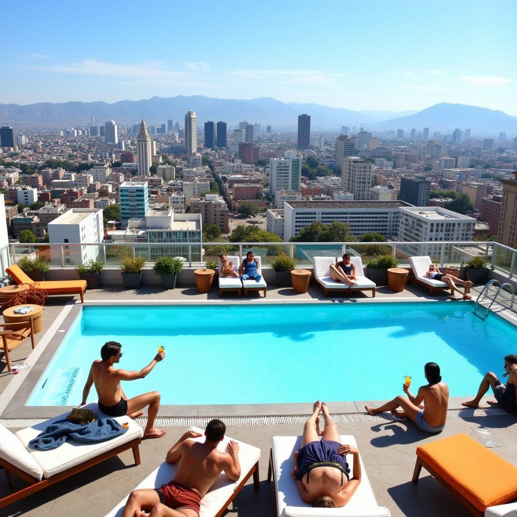 Guests relaxing at the rooftop infinity pool