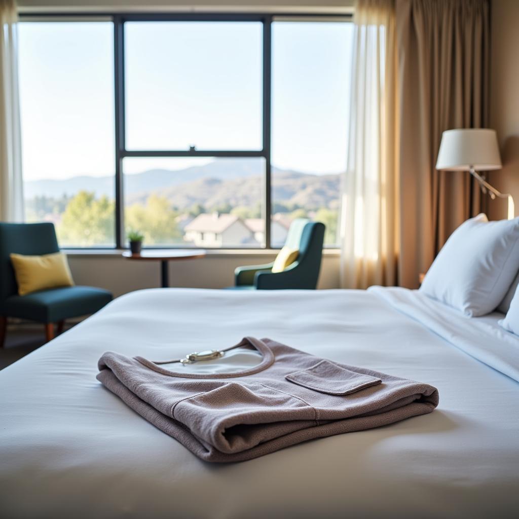 A spacious and well-lit hospital room at San Jose Hospital with a petite plume gown laid out on the bed.