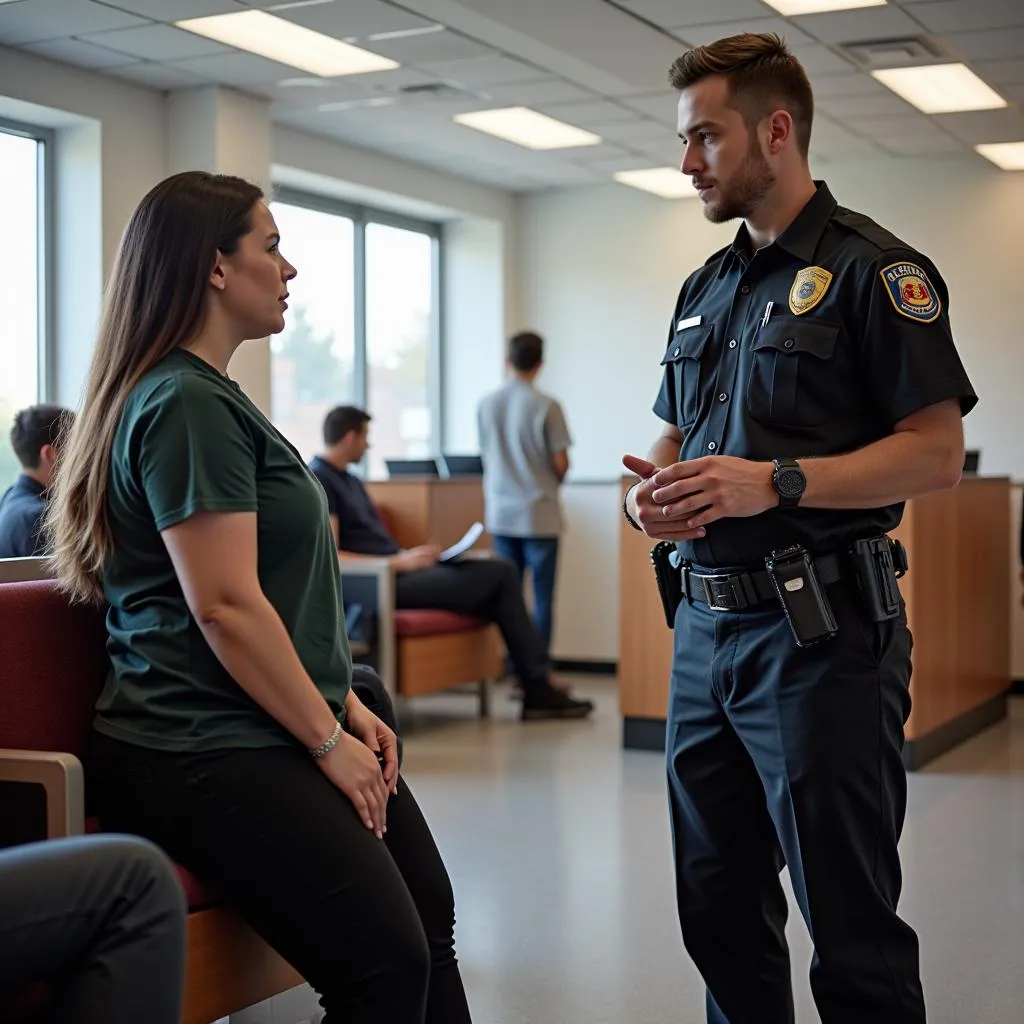 Security guard responding to an incident in a hospital waiting area