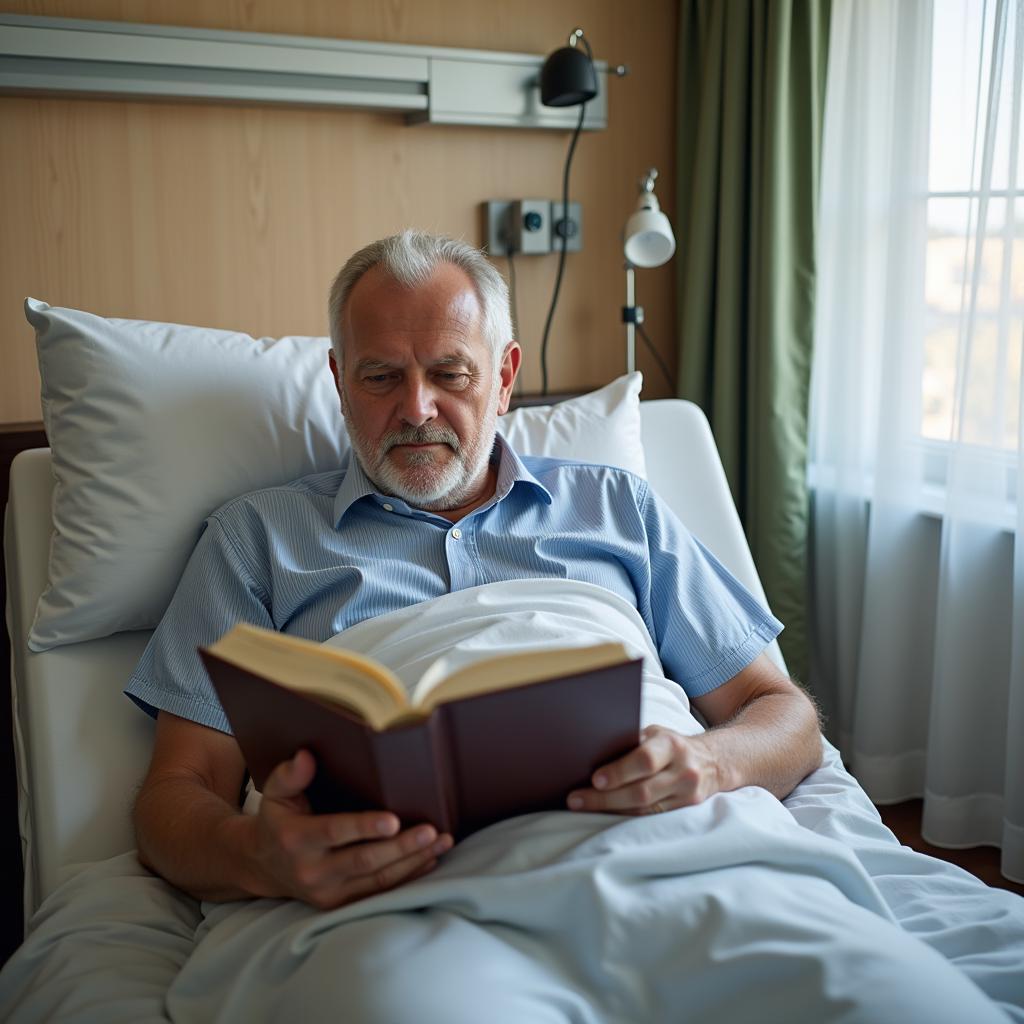 Senior man reading on hospital bed mattress