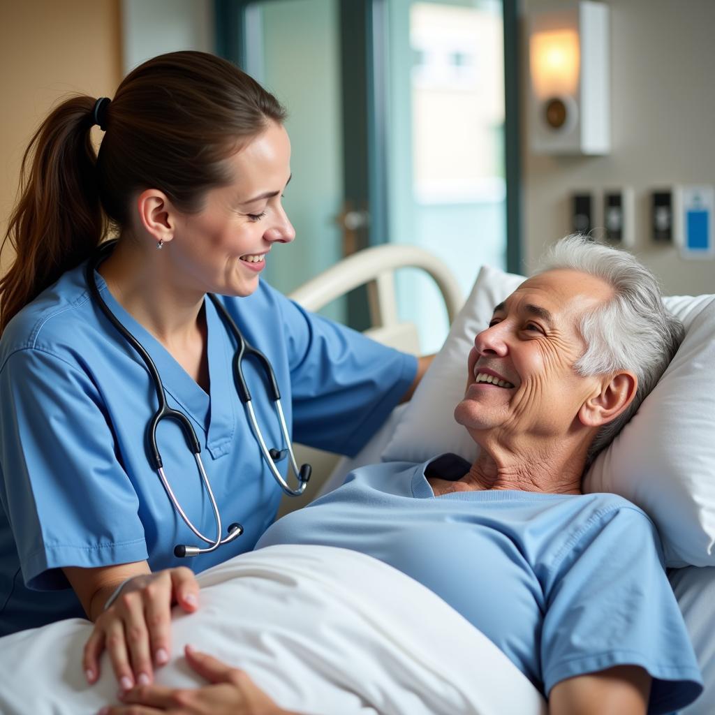 Smiling senior patient resting comfortably in a hospital bed