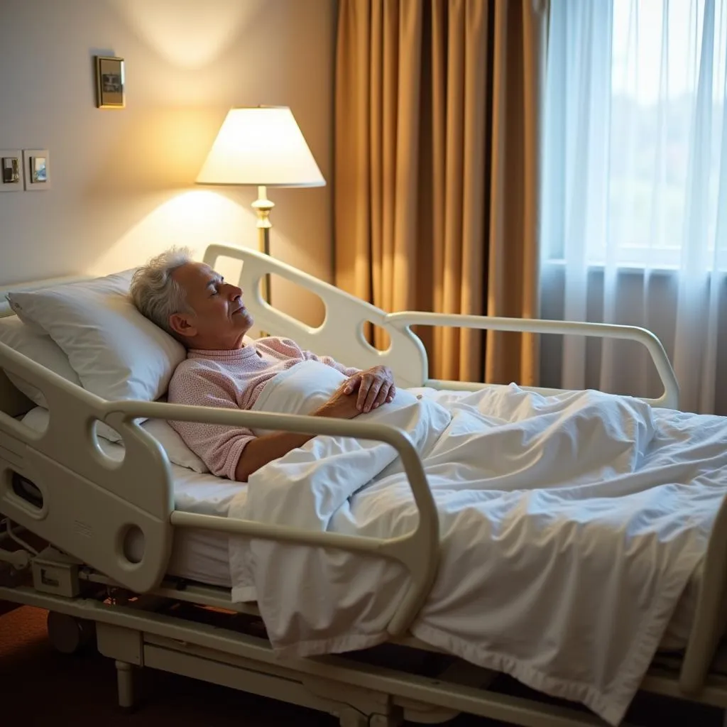 An elderly person resting comfortably in a hospital bed.