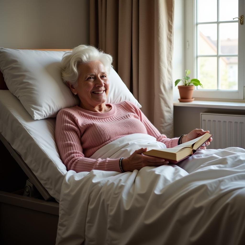  A senior woman smiling in a hospital bed at home