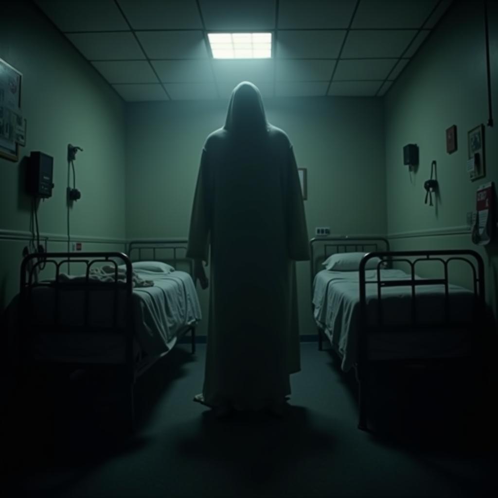 A shadowy figure stands at the end of a hospital bed