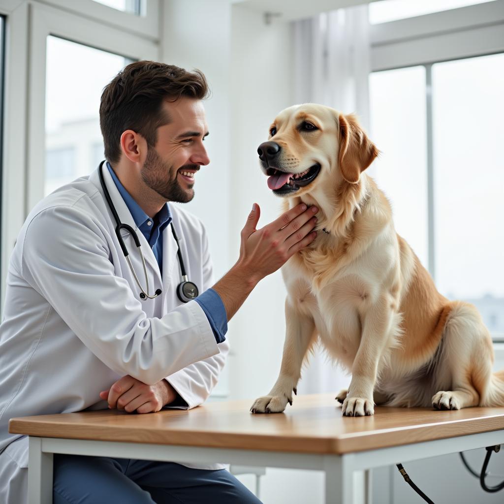 Veterinarian examining a dog in an exam room