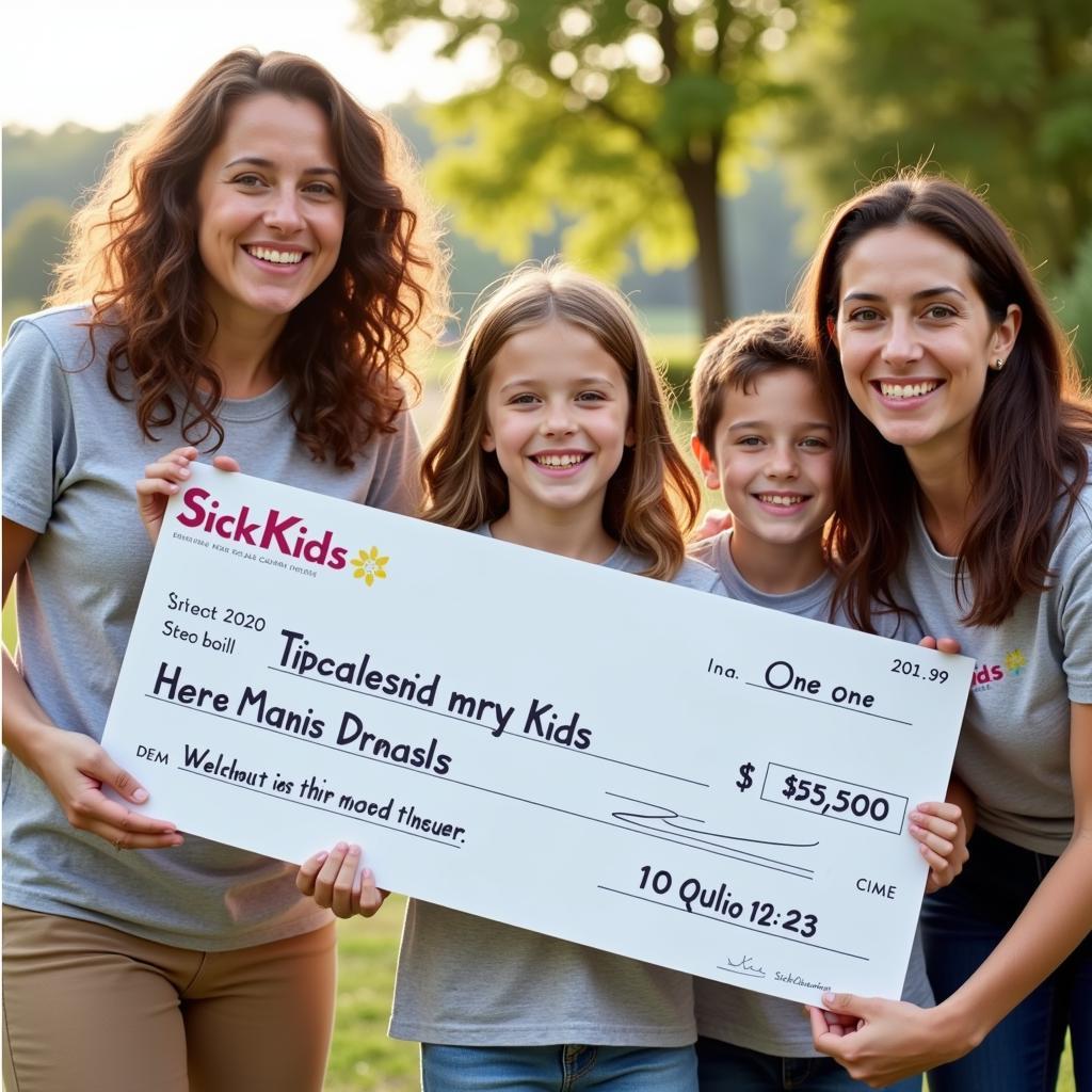 Family receiving a check for winning the SickKids lottery