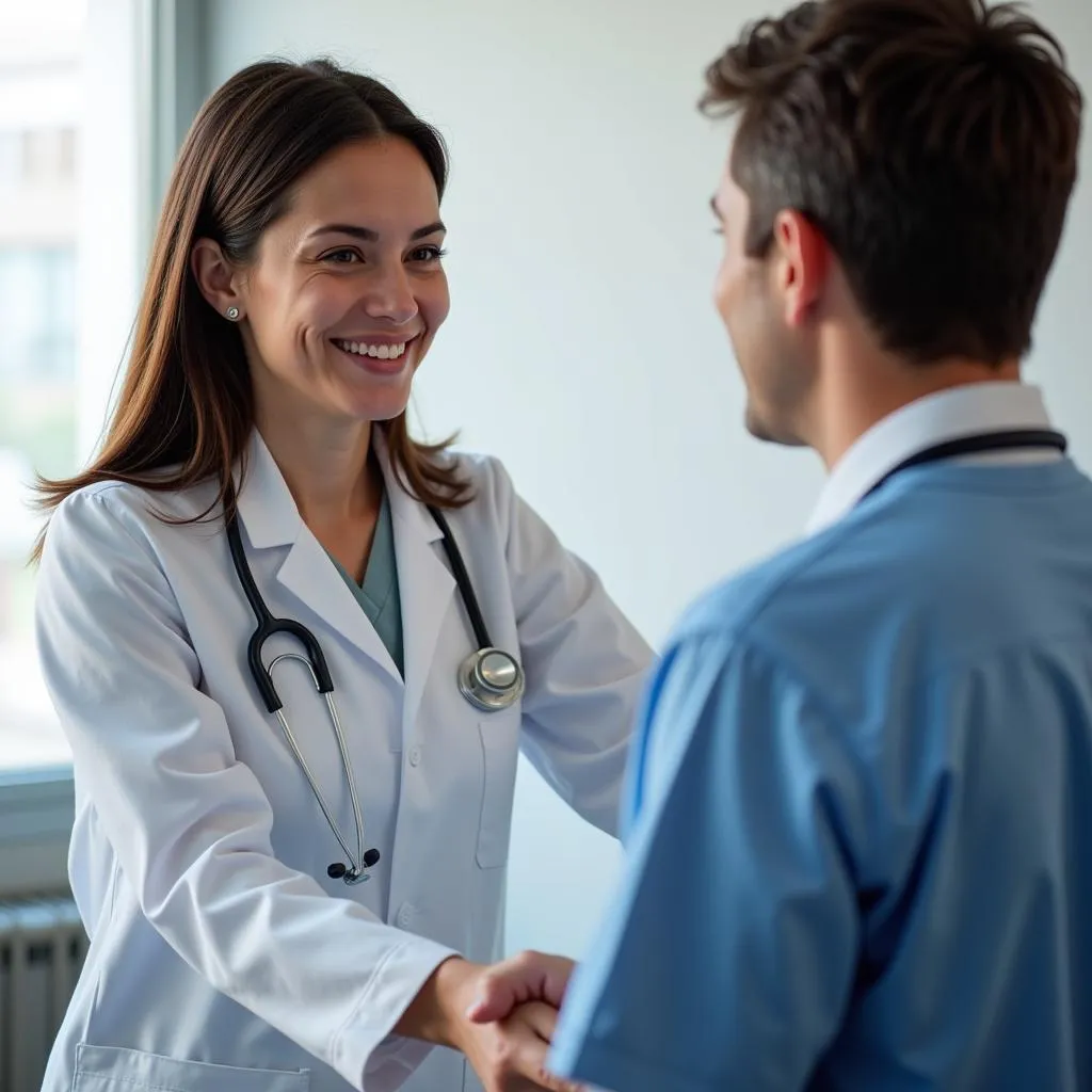 Smiling healthcare professional shaking hands with a patient