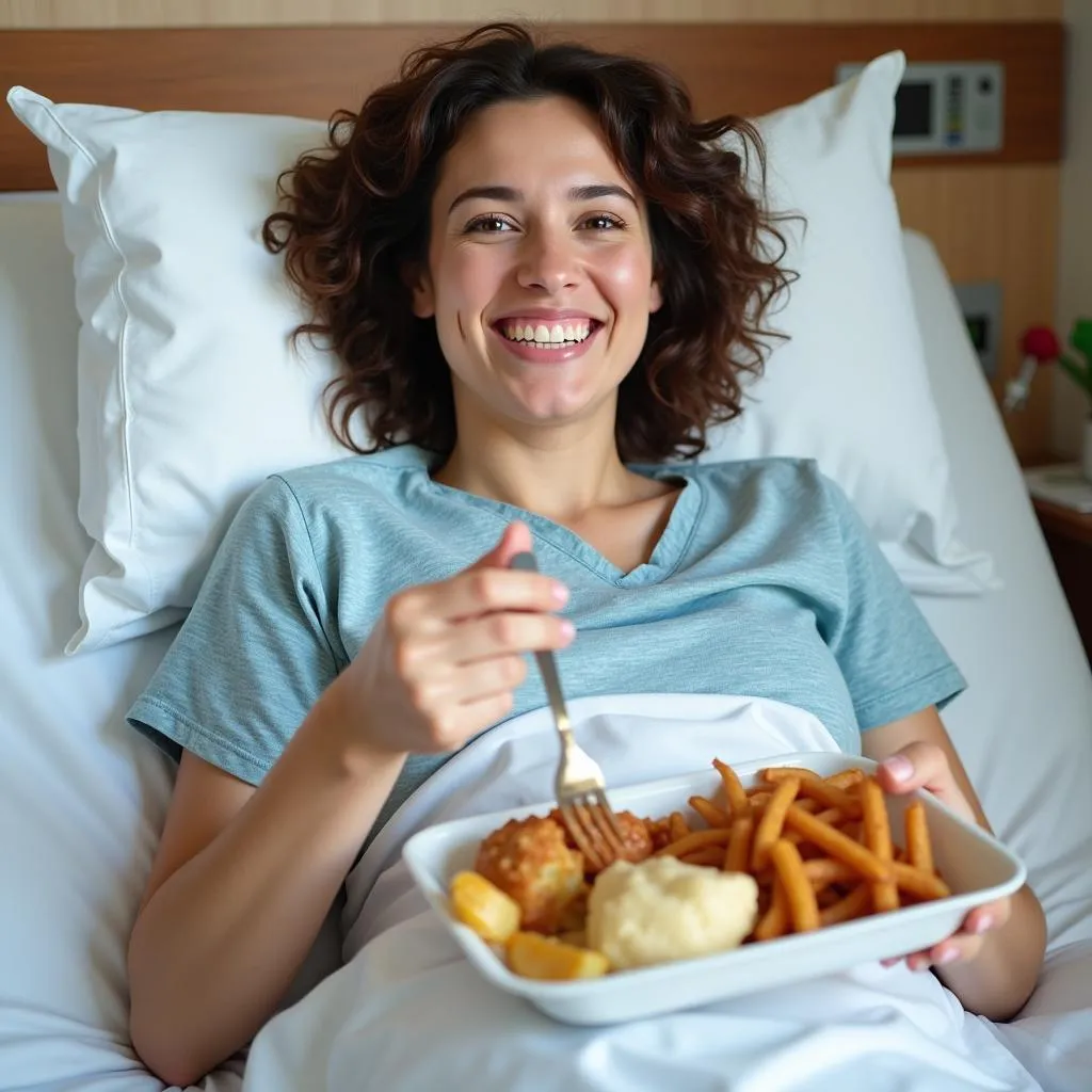 Smiling Patient Enjoying Hospital Meal Tray