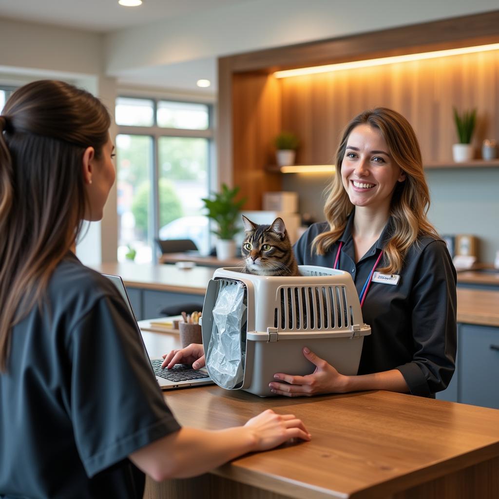 Smiling Woman Dropping Off Cat in Carrier at Boarding Facility