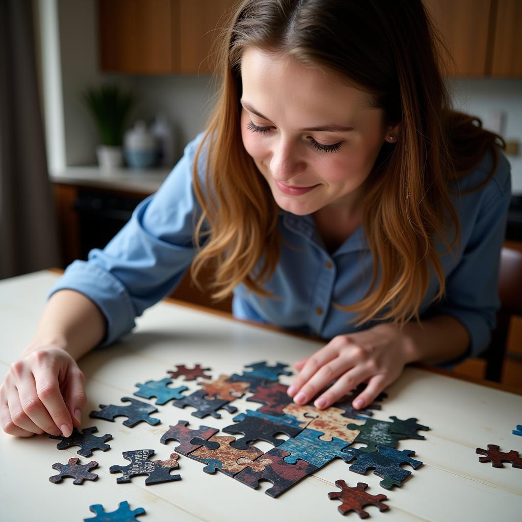 A person fully engrossed in piecing together the "Once Human Explore Dayton Hospital" puzzle.