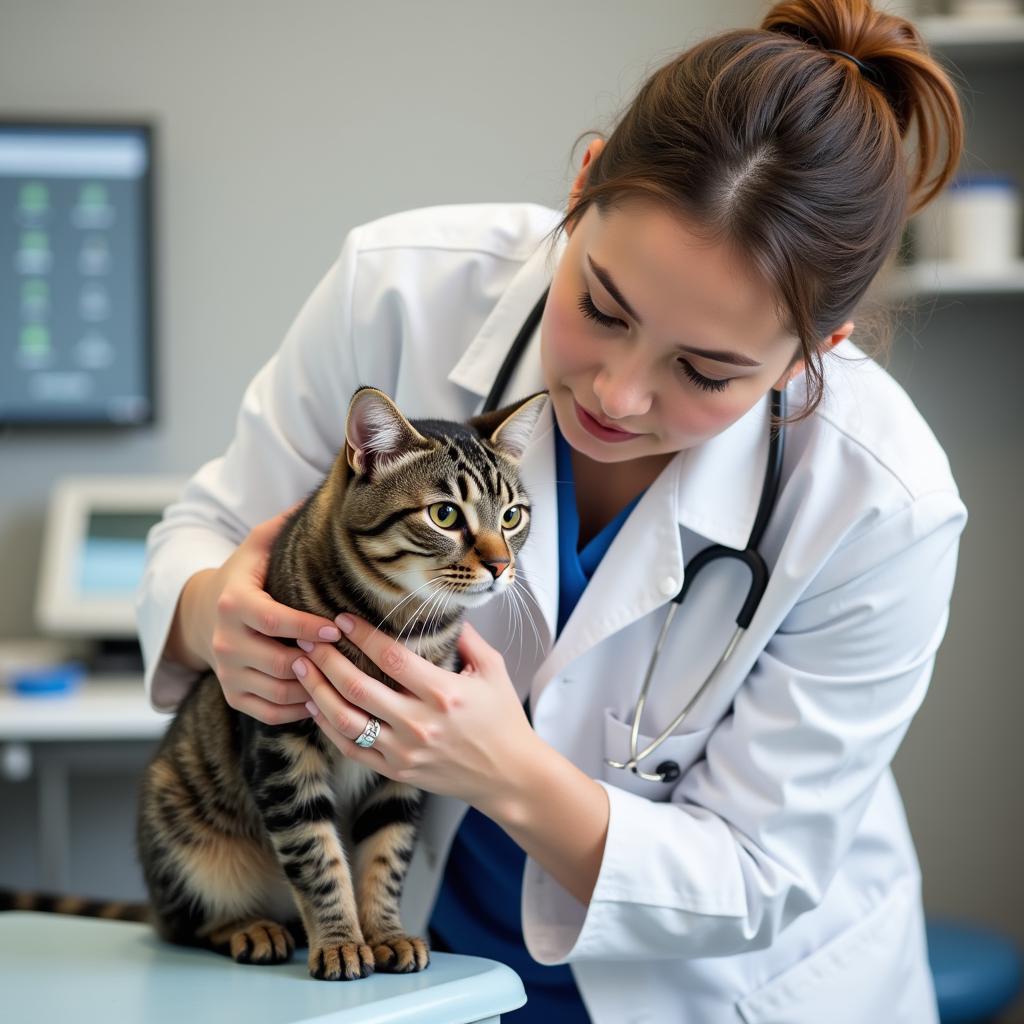 Veterinarian conducting a thorough examination on a cat at South Deerfield Animal Hospital