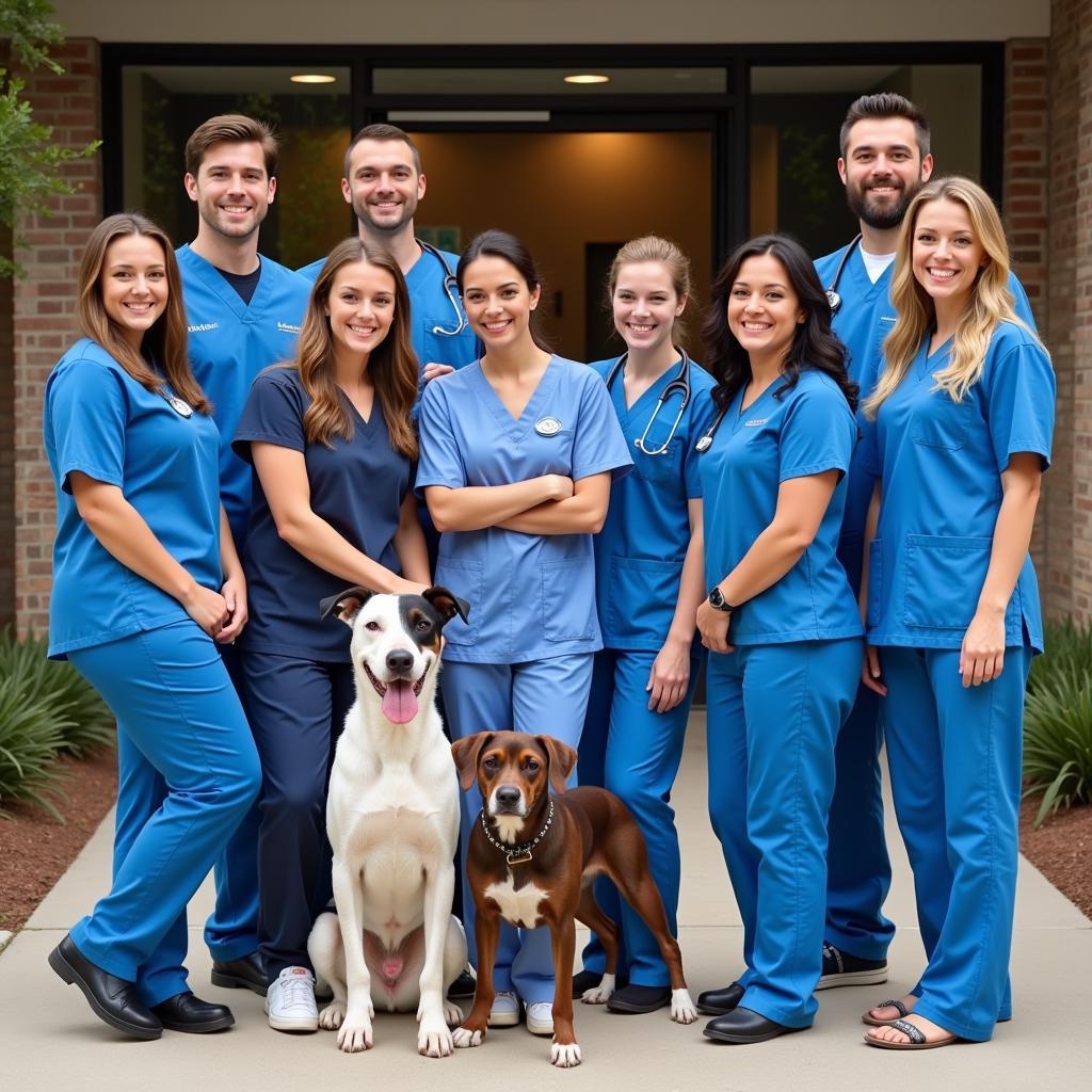 A group photo of smiling veterinarians and veterinary technicians.