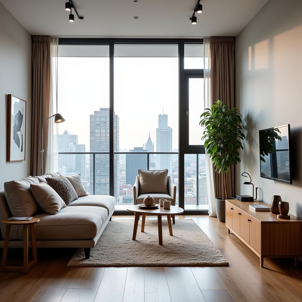 Modern and stylish interior of an apartment near Jackson Memorial Hospital, featuring comfortable furnishings and plenty of natural light