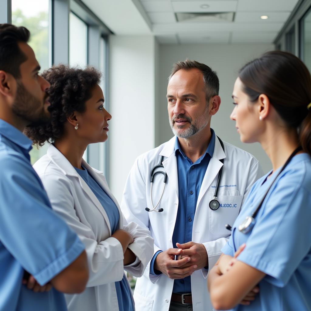 Group of doctors in a hospital setting discussing patient care