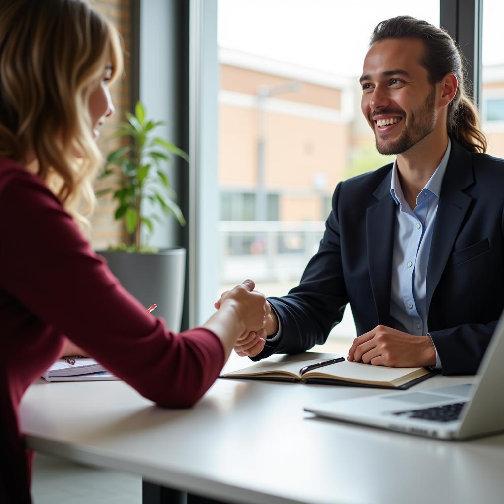 A job candidate engaging in a friendly interview with a hospital recruiter