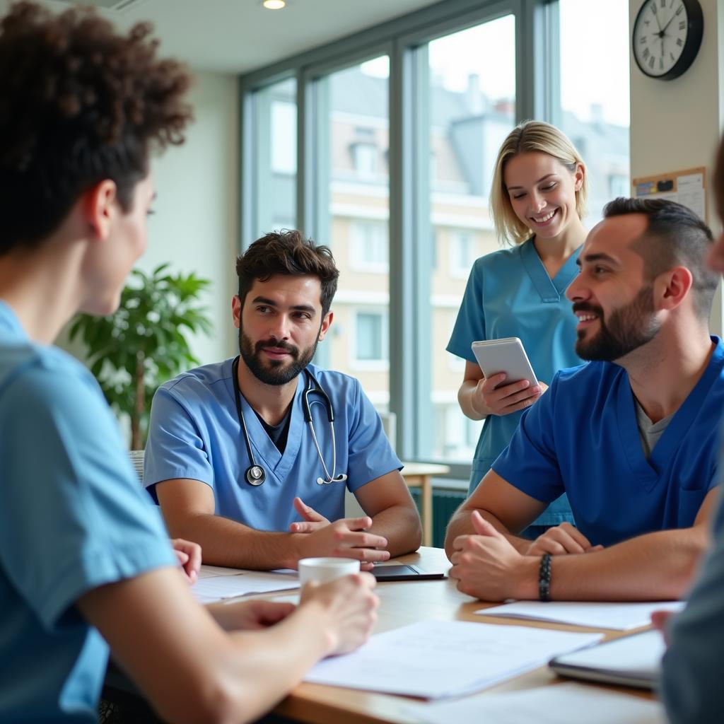 Diverse group of St. Dominic Hospital staff engaged in a collaborative meeting